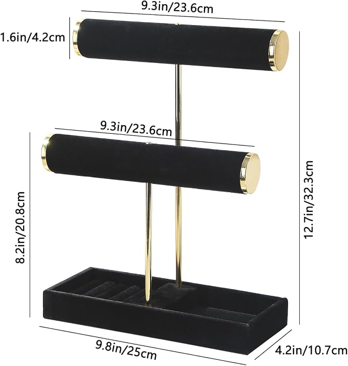 2 Tier Jewelry Organizer Stand,Velvet Tabletop Necklace and Bracelet Hanging Organizer Holder for Girls and Women,Large Small Jewelry Storage Display Tree Rack for Vendors,Ring and Watch Hanger(Black)