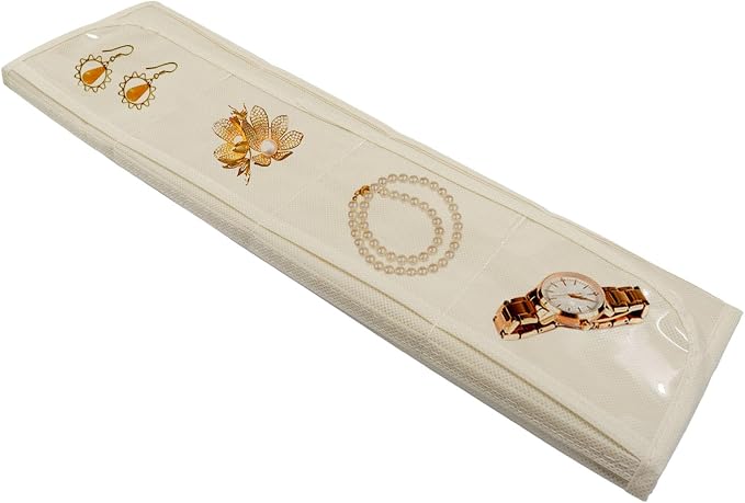 Hanging Jewelry Organizer, Beige, 80 Pocket | Double-Sided, For Earrings Necklace Bracelet, Clear PVC Window, For Closet, Door, Wall, Travel