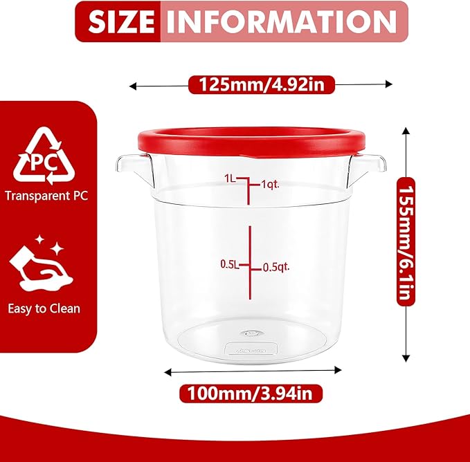4-Pack Food Storage Containers with Lids,Round Plastic Containers for Kitchen, Food Grade, BPA-Free, Stackable, Clear Red Storage Buckets (Red, 1L)