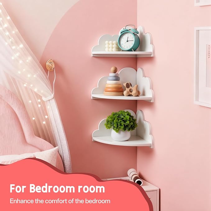 Cloud Corner Floating Shelves Set 3 Wall Mounted for Kid's Room | White Corner Wall Shelf Floating Wooden Wall Mounted Shelves Clouds Dispaly Shelf for Kid’s Room,Toys, Plants & Storage