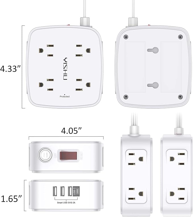 6 Ft Surge Protector Power Strip - YISHU 8 Widely Outlets with 4 USB Ports, 3 Side Outlet Extender with 6 Feet Flat Extension Cord, Ultra Flat Plug, Wall Mount, Desk USB Charging Station, ETL, White