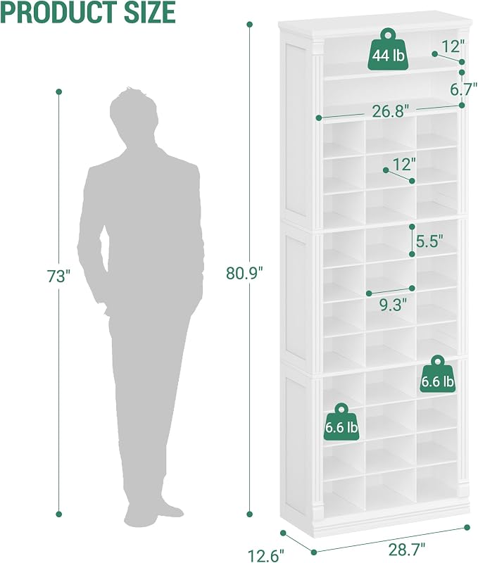 Hzuaneri 13 Tiers Shoe Storage Cabinet, Tall Shoe Cabinet with Cubby, Wooden Shoes Organizer for Closet, 39 Pairs, Shoes Cubby Organizer for Entryway, Hallway, Bedroom, White SR31003X