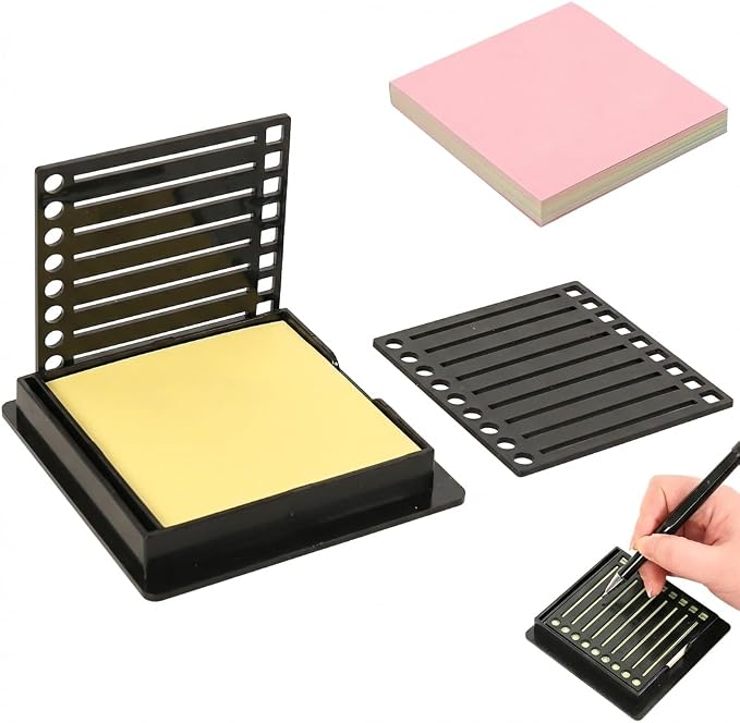Sticky Note Holder for 3x3 Post It Notes with Stencil and Line Box Drawing Template Office Home Memo Pad Organizer Dispenser (Black 1 PCS)