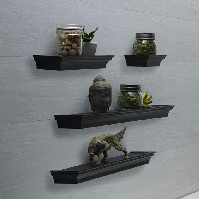 MELANNCO Floating Wall Shelves for Bedroom, Living Room, Bathroom, Kitchen, Nursery, Set of 4, Black, 4 Count