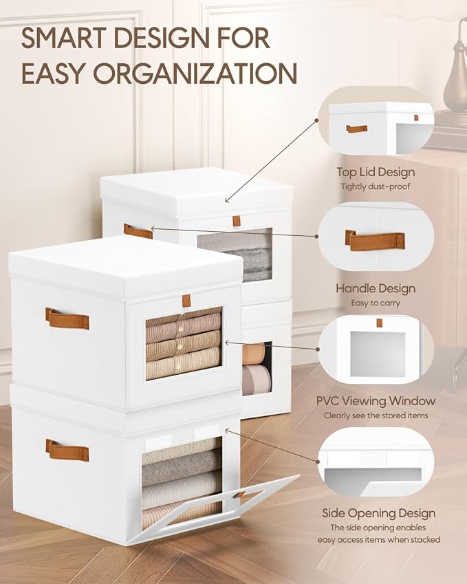 Homsorout Storage Bins with Lid – Closet Organizer with Side Opening and Clear Window, Foldable Stackable Fabric Basket for Clothes, Home, Office - 13.77" x 11.8" x 9.8", 3 Pack, White