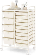 COSTWAY 15 Drawer Rolling Storage Cart, Mobile Storage Organizer | Removable Drawers & Metal Frame, Multipurpose Utility Tools Paper Organizer on Wheels for Home, Office (White)