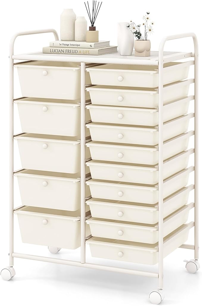 COSTWAY 15 Drawer Rolling Storage Cart, Mobile Storage Organizer | Removable Drawers & Metal Frame, Multipurpose Utility Tools Paper Organizer on Wheels for Home, Office (White)