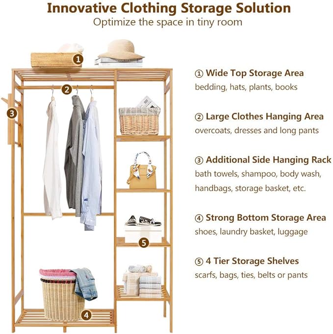 Ufine Bamboo Garment Rack with 6 Tier Storage Shelves & Hanging Rod | Heavy Duty Clothes Hanging Stand with Side Hooks, Portable Wardrobe Closet Organizer