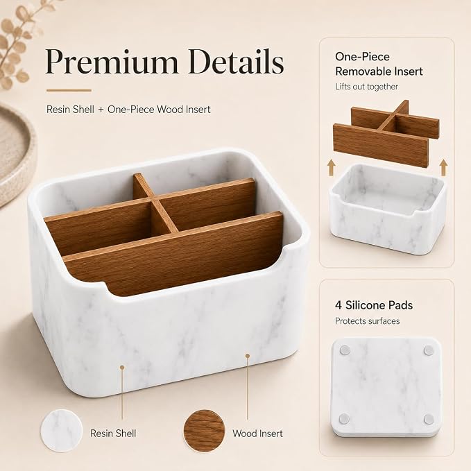 Remote Control Holder, Desk Organizer with Removable Dividers,White | 5-compartment resin and wood organizer holds remotes, pens, glasses, and media devices for desk, coffee table, or nightstand.