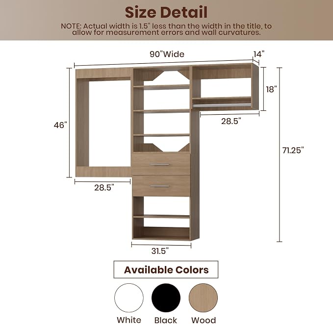 ROOMTEC Modular Closet System, 90" Wall Mounted Modern Closet Organizer with Hanging Rods and Drawers, Wooden Tower for Walk-In Closets, Wardrobe Storage Kit, Wood