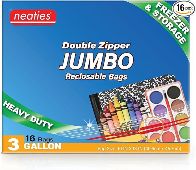 Neaties 3 Gallon Resealable Bags – Heavy Duty Jumbo Freezer Bags with Dual Zipper – 16x28" Extra Large with Writable Space for Kitchen or Home Storage – BPA-Free Food Grade Plastic – 16 Pack