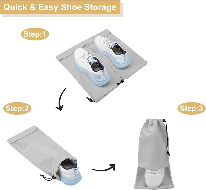 4 Pcs Single Shoe Bags for Travel, 9.1"x17.7" Drawstring Shoe Travel Bags with Clear TPU Window, Travel Organizer for Suitcase (Grey)