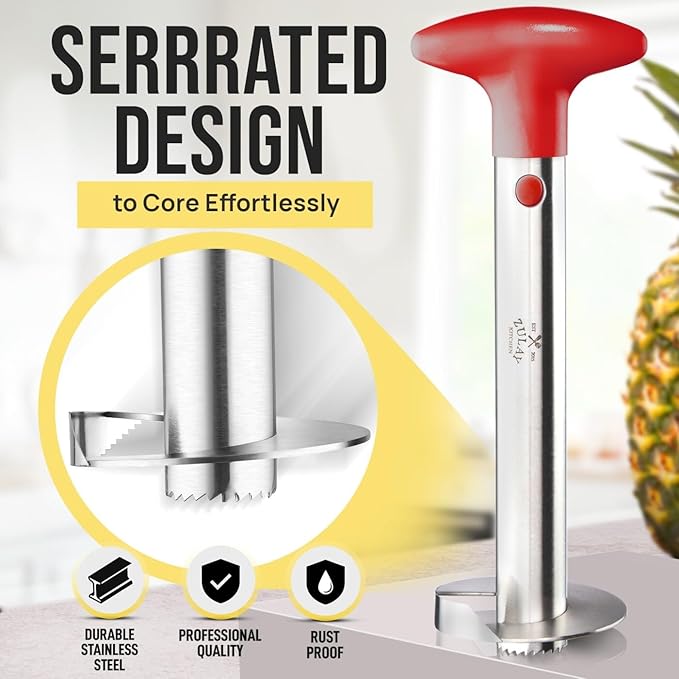 Zulay Kitchen Stainless Steel Pineapple Corer & Slicer – Heavy Duty Pineapple Cutter & Eye Removal Tool – Effortless Core Remover Tool with Sharp Reinforced Blade & Ergonomic Handle - Red