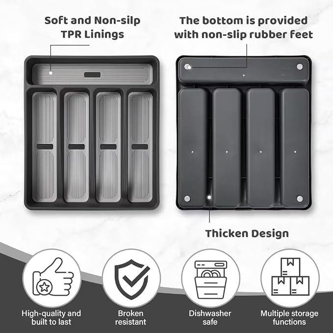 shopwithgreen Silverware Organizer with Cutlery Icons，Silverware Tray for Kitchen Drawer，Plastic Flatware Drawer Organizer Utensil Organizer with Non-slip TPR Linings，5-Compartment Silverware Caddy