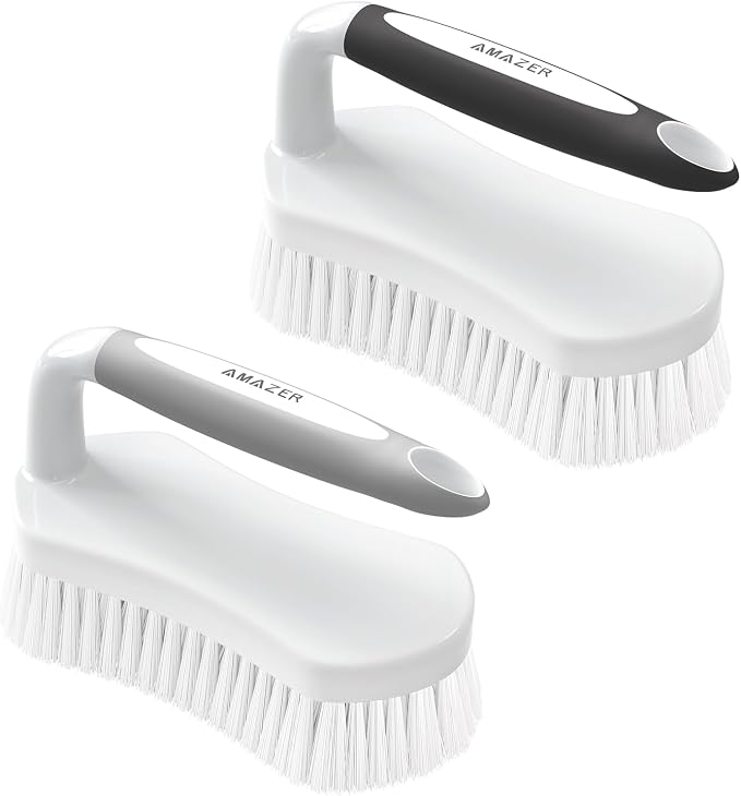 Amazer Scrub Brush for Cleaning Comfort Grip Bathtub Scrubber Stiff Bristles with Handle Heavy Duty Shower Cleaner Brush for Tub Carpet Floor Sink Outdoor - Pack of 2 (Black+Grey)