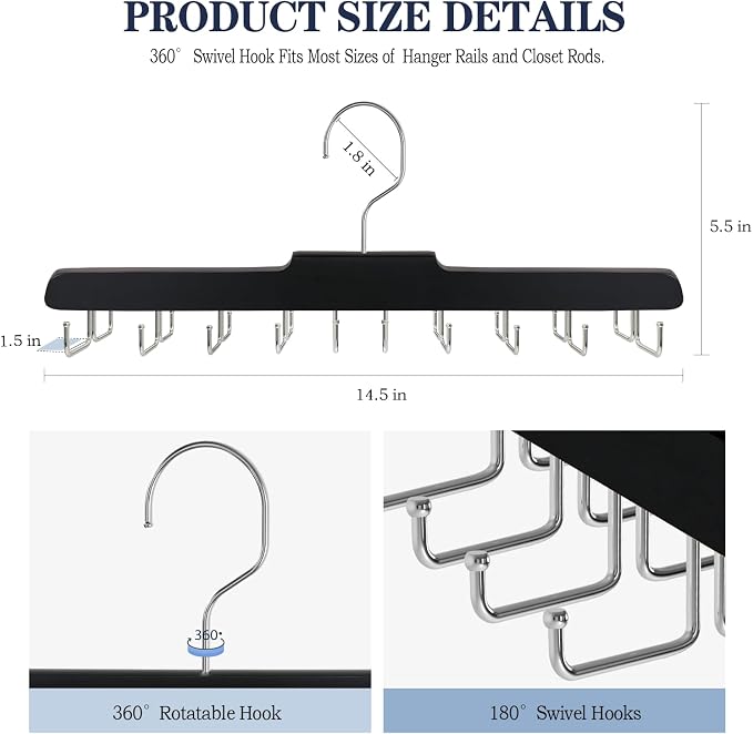 2PC Tie Rack Hanger for Closet,Upgraded Tie Holder Organizer for Men, Black | Non Slip Neck Tie Organizer with 20 Foldable Hooks, Belt Hanger Space Saving, Fits for Tank Tops Bras Cami Scarves
