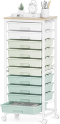 SYKIARIOL Rolling Cart with Drawers,10 Drawer Rolling Cart,Storage Cart,Utility Cart,Teacher Cart for Classroom Storage,Craft Cart with Wheels and Wooden Tabletop,Green