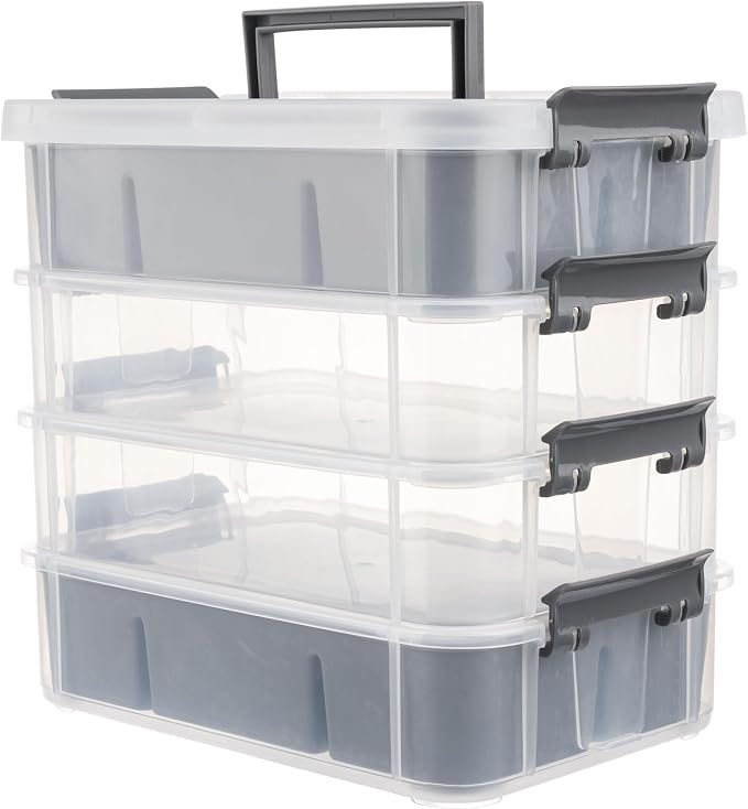 CraftGenes Craft Organizers and Storage, 4-Tier 10 Qt Box, 2 Trays, Grey | Clear Compartments; Dual Removable Inserts; Carry Handle; Side Latches; Beads, Ribbon, Stamps, Scrapbook Pieces, DIY Tools
