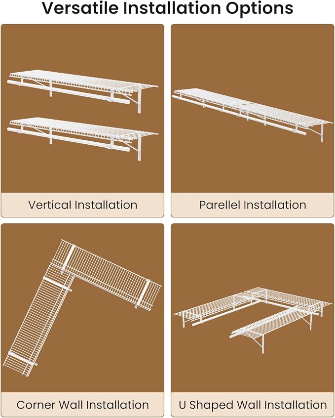 Supforce 4-Pack Wire Closet Shelving with Triangular Brackets & Hanging Rod | Reinforced Triangular Bracket, Hanging Rod Included, Built-in Rod Holders, 150 lb Capacity, Wall Mounted, 4ft x 12in, 4-Pack