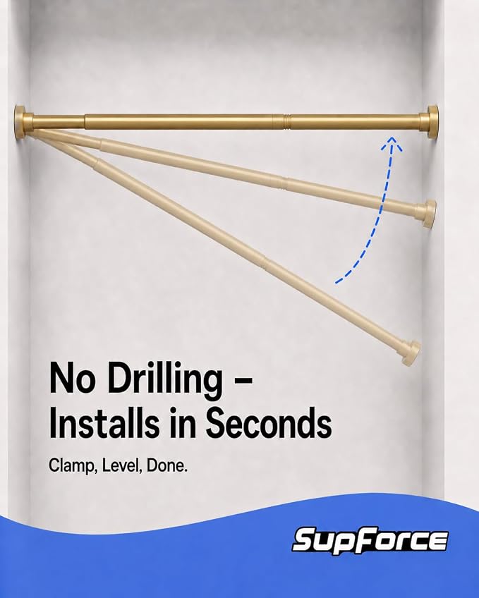 Closet Rod, No Drill Tension Closet Rod for Hanging Clothes, 17-69in, Gold | Quick Tool-Free Install, Non-Slip Rubber Ends Grip Securely, Heavy-Duty Rod Supports Up To 66 lb In Closet, Laundry Rooms, RV