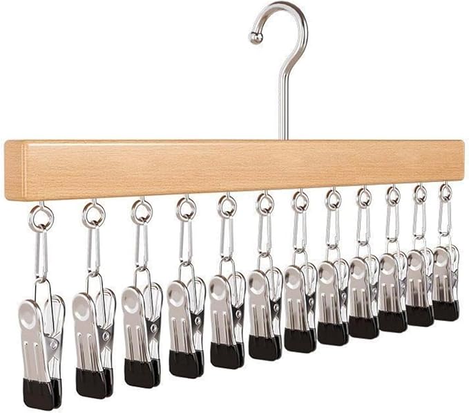 Hanging Closet Organizer with 12 Clips, Space Saving Closet Storage for Hats, Scarves, Socks, Jeans, Skirts & Pants, Multi-Purpose Clothes Hanger with Clips (1 PCS, Wood)