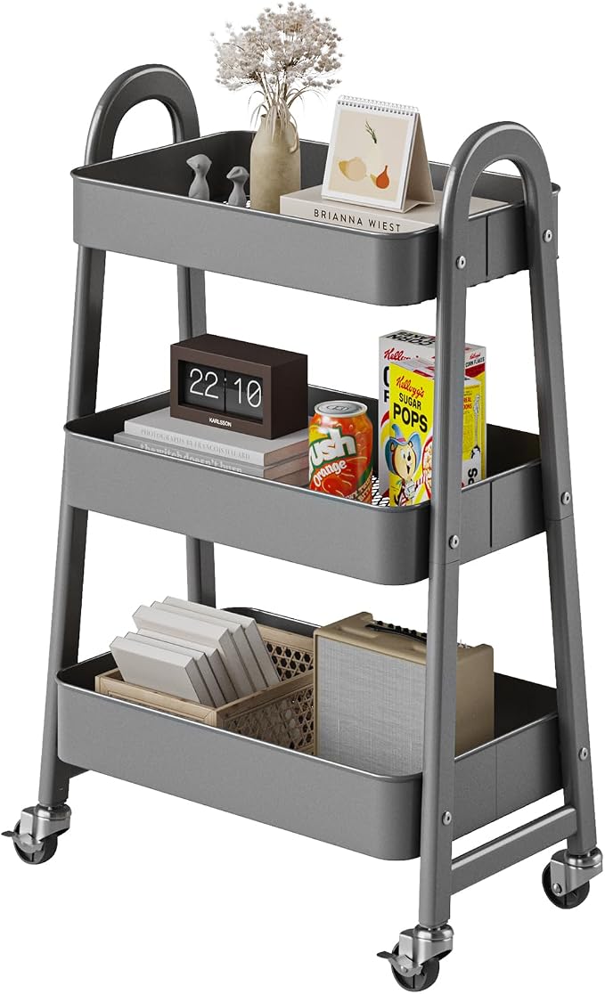 DUMOS 3 Tiers Rolling Cart, Utility Cart, Metal, Gray | Mobile Storage, Lockable Wheels, Utility Shelving Unit, Kitchen, Bathroom, Laundry, Narrow Places