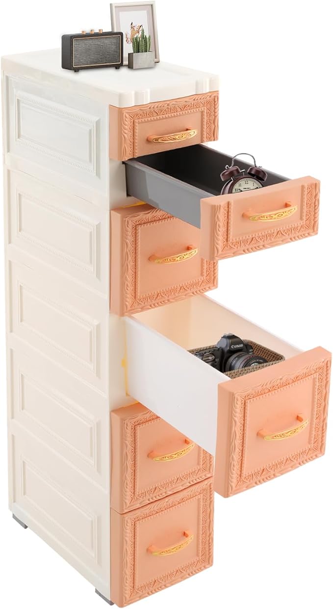5-Tier Plastic Drawers Storage Dresser, 33"H Narrow Slim Storage Organizer Vertical Drawer Unit, Rolling Thin Storage Tower with Wheels for Small Spaces Gaps Home Furniture (Orange)