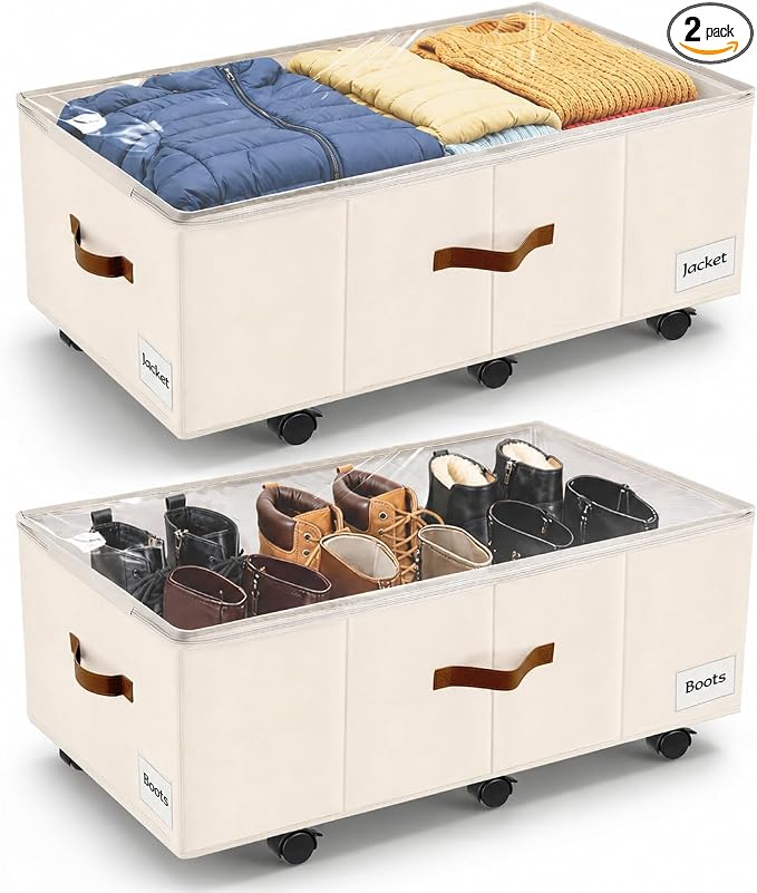 Under Bed Storage with Wheels,Underbed Storage with Sturdy Sidewalls/Bottom, Clear Cover, Label and PU Handle, Rolling Under Bed Drawers for Clothes, Shoes, 11 Inch Height,Beige, 2 Pack