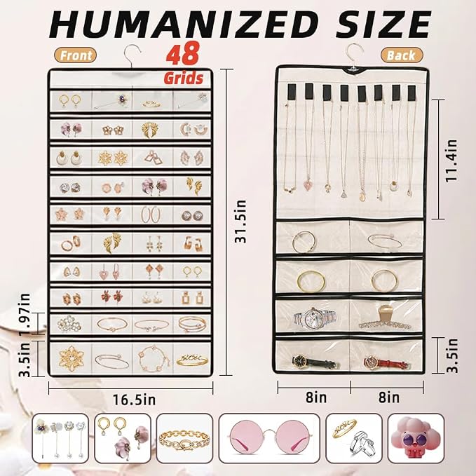 Hanging Jewelry Organizer Storage Earring Jewelry Storage Bag With 48 Pockets Necklace Bracelet Ring Glasses Accessory Display Rack (White)