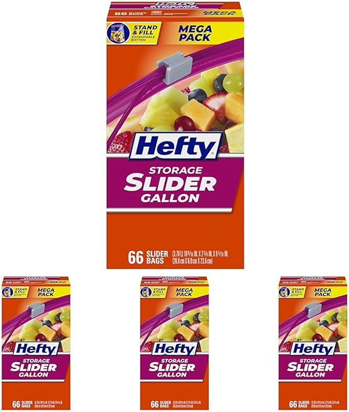 Hefty Slider Kitchen Storage Bags, Gallon Size, 66 Count (Pack of 4)