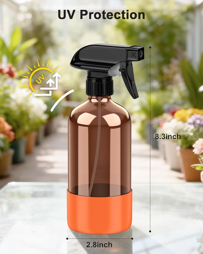 Bontip Amber Glass Spray Bottle with Silicone Sleeve Protection, 16 oz Refillable Spray Bottles for Cleaning Solutions, Plants, Aromatherapy, Facial Hydration (3, Black & Brown & Orange, 16 oz)