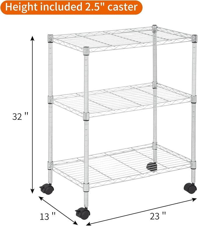 3-Tier Metal Wire Shelving Unit with Wheels, Heavy Duty Adjustable Storage Rack (450 lbs Capacity), Small Utility Organizer for Kitchen Pantry, Garage, Laundry Room, 23"W x 13"D x 31.3"H