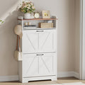 Shoe Cabinet Organizer with 2 Flip Drawers, Farmhouse Narrow Shoe Storage Cabinet with 2 Adjustable Shelves & 2 Hooks, 23.6"W x 8.7"D x 41.8"H Shoe Rack for Entryway, Foyer, Hallway, White