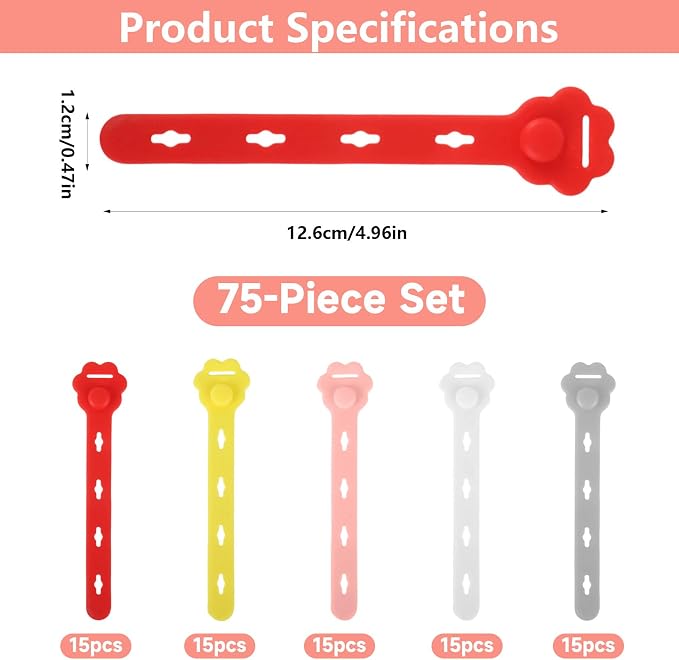 75Pcs Colorful Silicone Cable Ties,2026 New Data Cable Organizer,Reusable Cable Straps,Cable Management Cord Organizer for Fastening Phone Charger Home Office Desk Kitchen Appliances Cable Cords Wires