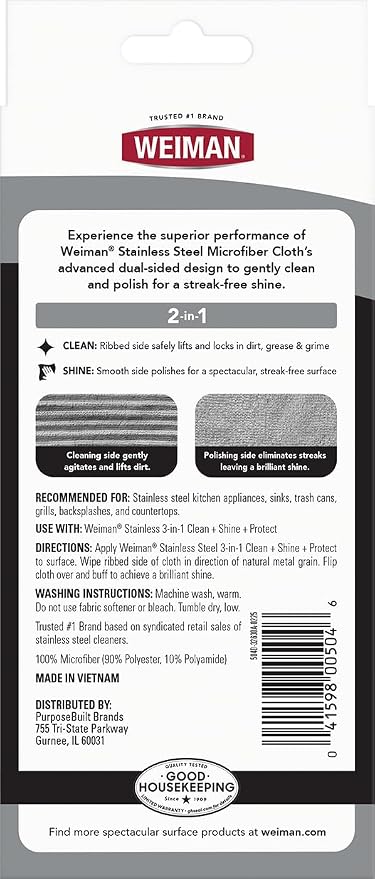 Weiman Microfiber Cloth for Stainless Steel, Safely Traps and Removes Dirt, Oil and Grime to Protect from Scratches 13.8" x 13.8" (Pack of 2)