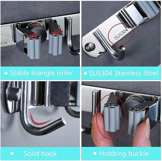 Broom Mop Holder Wall Mount Stainless Steel Tool Hanger Storage Organizer for Home, Kitchen, Garage, Garden, Laundry Room, Bathroom Organization and Storage(4 Racks 5 Hooks)