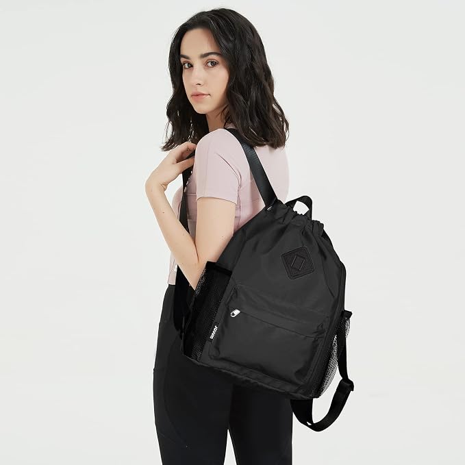WANDF Drawstring Backpack with Shoe Compartment, Sports Gym Bag | Multi-Pocket Storage, Water-Resistant Fabric, Cinch String Bag