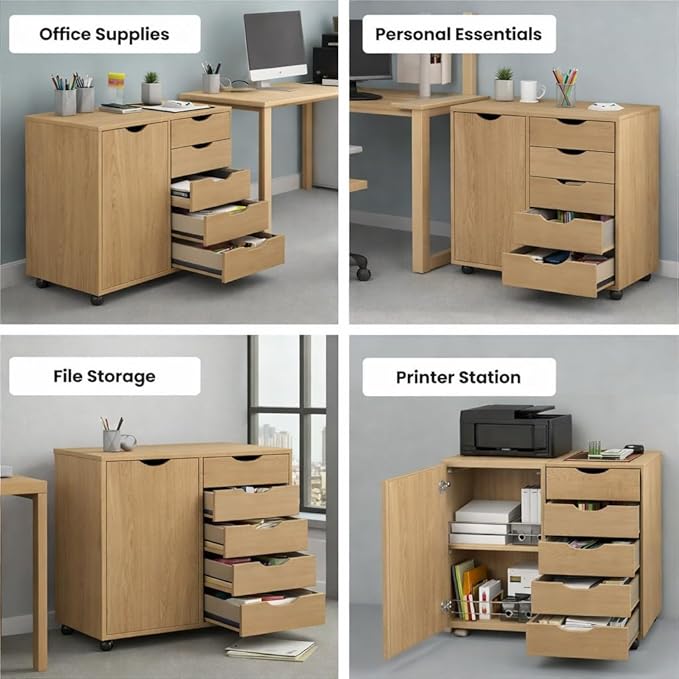 Naomi Home Wooden 5 Drawer Office File Cabinet with Shelves and Wheels, Mobile Storage Cabinet with Drawers for Home Office, Ideal for Under Desk or Printer Stand Use in Natural