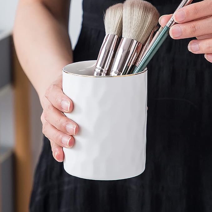 Ceramic Pen Holder Stand Cup Pencil Holder Organizer Makeup Brush Holders for Home Office Desk (White)