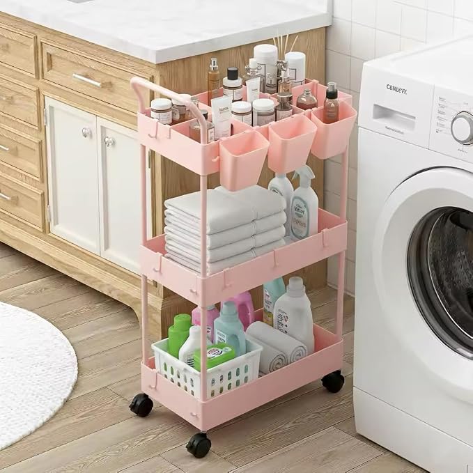 danpinera Slim Storage Cart, 3 Tier Narrow Rolling Cart on Wheels Bathroom Organizer with Dividers Handle Hanging Cups Hooks for Laundry Room Kitchen Small Spaces, Pink