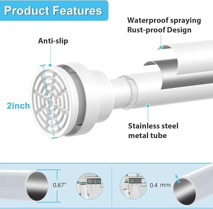 Tension Curtain Rod 30 To 63 Inch White Tension Rods Adjustable Spring Loaded Curtain Rods 7/8" Curtains Rods No Drilling Tension Rods For Windows Bedroom Closet Doorway Door