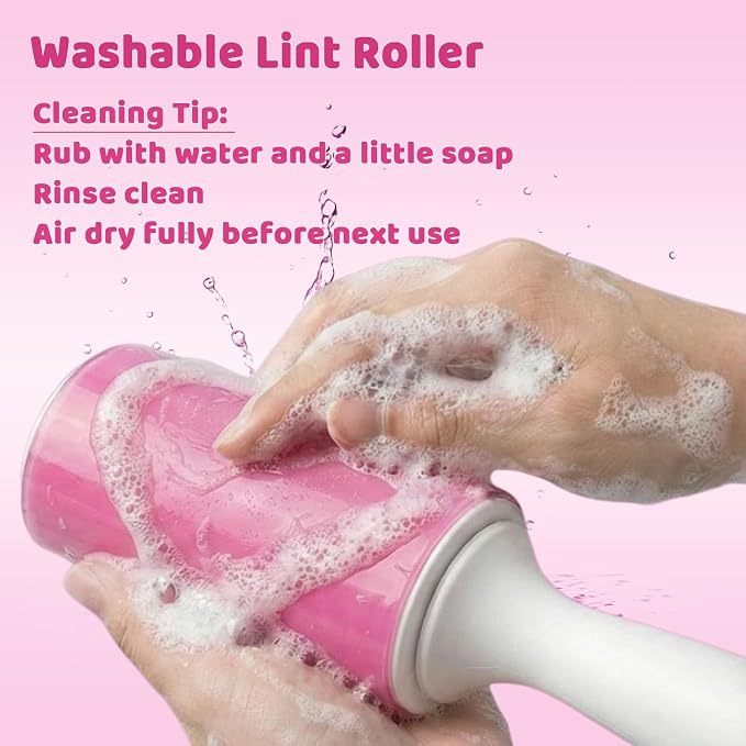 Washable Gel Lint Roller 2 Pack, Large Reusable Pet Hair Remover, Pink | Sticky Gel Surface, With Protective Covers, For Clothes & Home Use, Easy Cleaning