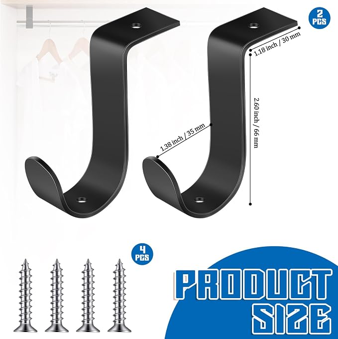 Hicarer 2 Pcs 1.38 Inch Closet Rod Brackets Heavy Duty Metal Wall Mount Rod Brackets with Screws Closet Pole Support for Living Room Bedroom Shelf Office(Black)