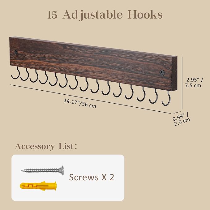 Lolalet Wooden Necklace Holder for Wall with 15 Hooks -2 Set, Brown | Wall Mount Jewelry Hangers for Necklaces, Chains, Bracelets and Earrings, Tangle-free, Easy to Install
