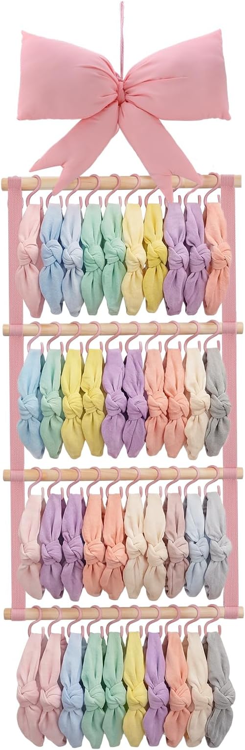 Sliner Pink Bow Headband Holder Head Bands Organizer for Girls, Baby Wall-mounted Headbands Hair Accessories Display Rack with 40 Plastic Hooks for Nursery Room Bedroom Living Room