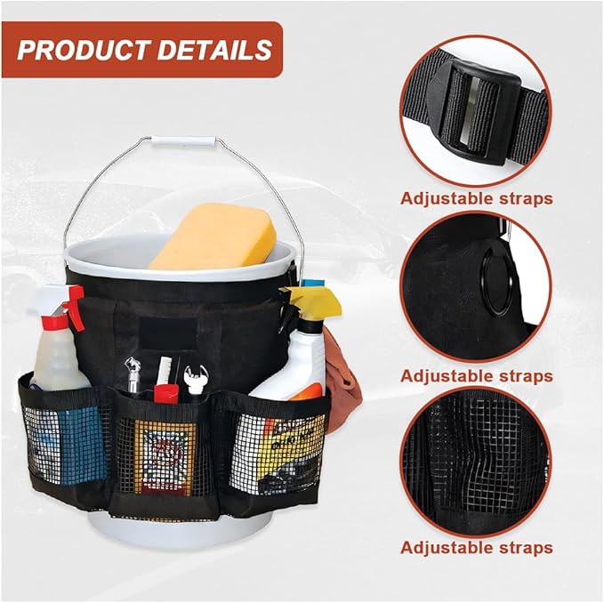 5 Gallon Bucket Tool Organizer Bag with Mesh Storage Pockets | Multi-Purpose Car Bucket Wash Tool, Universal Vehicle Cleaning Supplies Accessories for Home, Gardening, Fishing