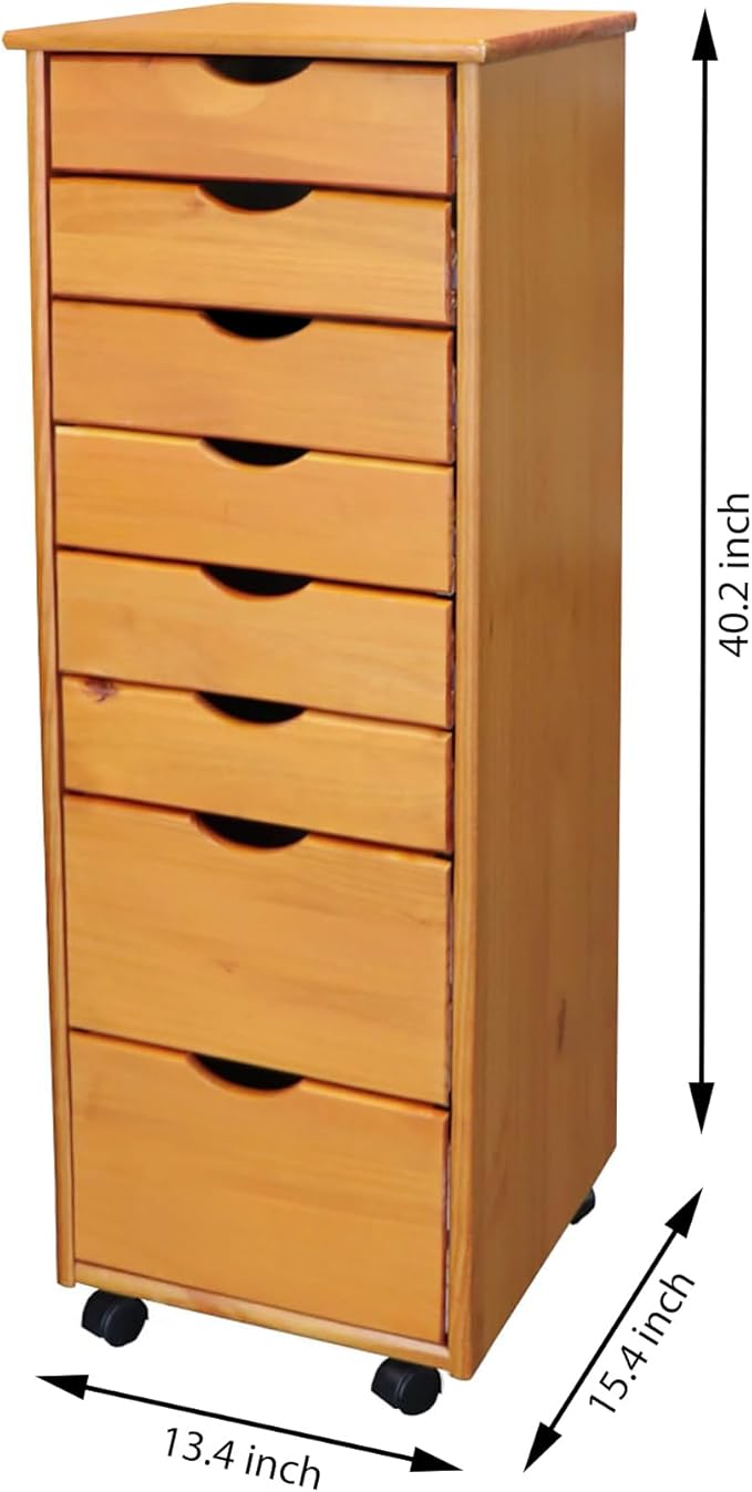 Jela-USA Solid Pine Wood 8 Drawer Rolling Cart, Honey Pine