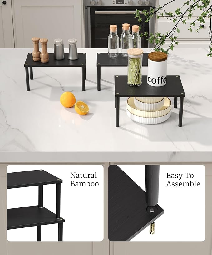 Cabinet Organizer Shelf(Set of 3),Bamboo Kitchen Counter Shelves for Countertop and Cabinet,Stackable Shelf Spice Racks,Medium (Black)