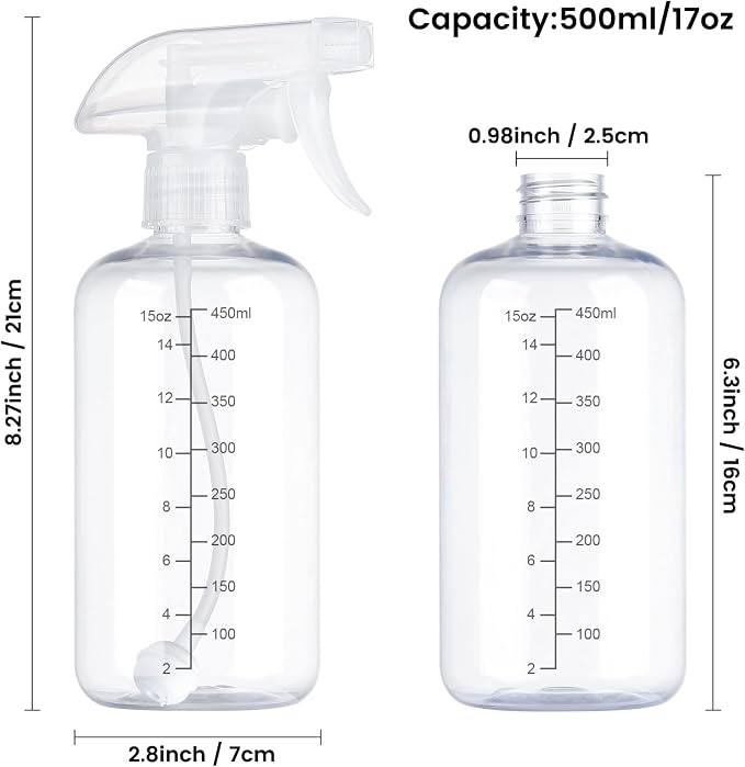 360° Spray Bottles 2 Pack 17oz Plastic Water Sprayer Small Squirt Bottle | Empty Water Spray Bottle Fine Mist Upside Down Containers with Adjustable Nozzle BPA Free for Hair Cleaning Cooking Plant Pet