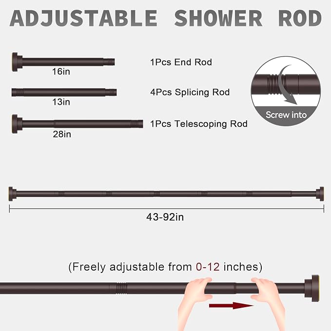 Thestoa Brown Shower Curtain Rod Adjustable 43-92 inch, 1"Diameter Spring Tension Curtain Rod No Drill, Anti-Rust Non-Slip Shower Rod for Bathroom Tension Rod